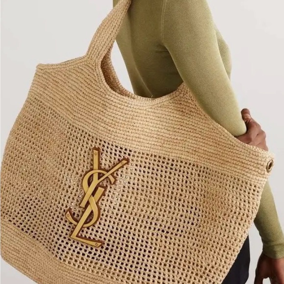 Yves Saint Laurent Handbags - Yves Saint Laurent Natural Beige Woven Raffia Tote with Gold YSL Logo